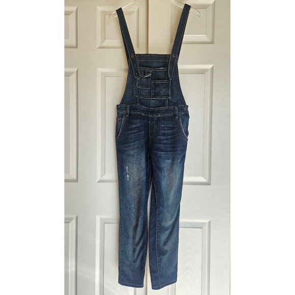 Free People Milo Washed Denim Overalls Dark Wash Distressed 5 Pocket Sz 26 - Picture 7 of 15